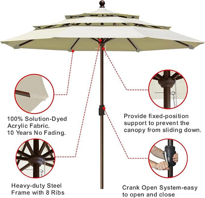 EliteShade USA 10-Year-Non-Fading 11ft 3-Tier Market Patio Umbrella, Commercial Grade Outdoor Table Umbrella with Crank Open, Windproof & UPF 50+ UV Protection, Heavy Duty Ventilation for Garden, Deck, Pool, Backyard, Beach & Bistro, No Tilt, Natural