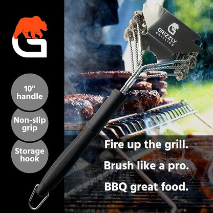 Bristle Free Grill Brush with Scraper, 10-Inch | Coiled Stainless Steel BBQ Grill Cleaner with Built-In Scraper for Gas, Charcoal and Outdoor Grills