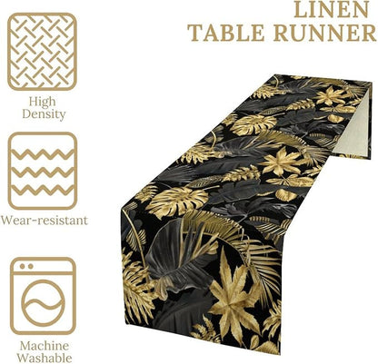 Golden Leaves Table Runner Jungle Black Tropical Plam Tree Retro Boho Hawaii Botanical Plant Spring Summer Seasonal Dinner Runner for Farmhouse Kitchen Dining Home Holiday Party 13x36in