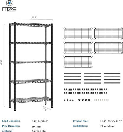 M MZG 1250 lbs 5 Tier Shelf Metal Storage Shelves Wire Rack Closet Organizers for Garage Kitchen Bathroom Laundry Black 11.8" D x 29.5" W x 59.5" H
