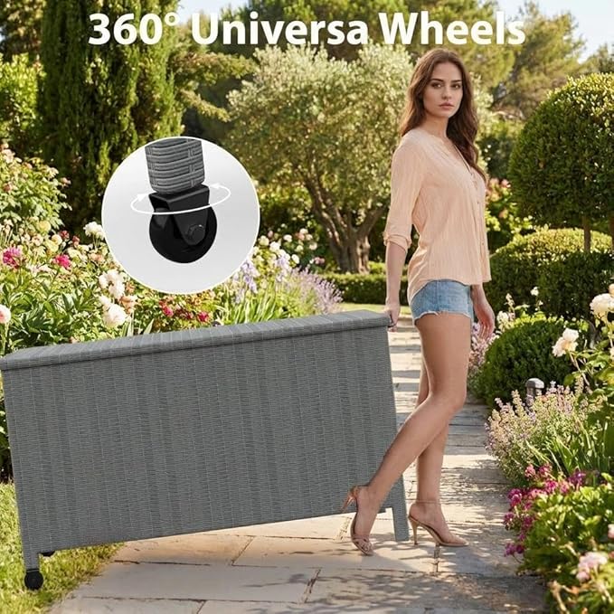 GarveeLife Outdoor Wicker Storage Box, PE Rattan Patio Storage Chest with Steel Frame, Weather-Resistant Deck Storage Box for Cushions, Garden Tools & Pool Accessories – Gray Wicker