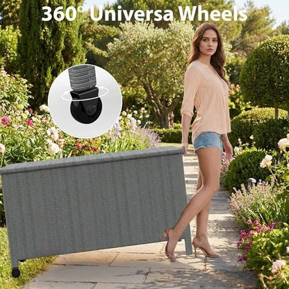 GarveeLife Outdoor Wicker Storage Box, PE Rattan Patio Storage Chest with Steel Frame, Weather-Resistant Deck Storage Box for Cushions, Garden Tools & Pool Accessories – Gray Wicker