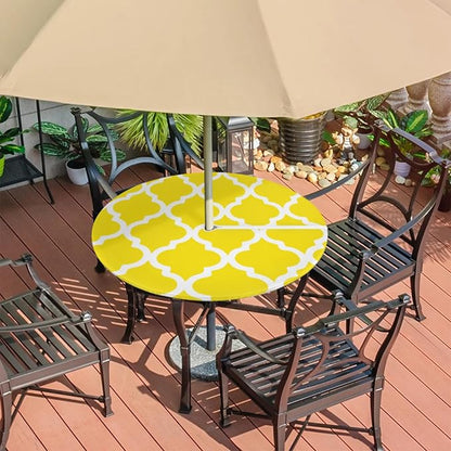 Fitted Round Tablecloth with Umbrella Hole and Zipper Yellow Moroccan Outdoor Elastic Table Cloth 36"-44" Oil-Proof Waterproof Morocco Geometric Patio Table Cover for Dining Picnic Party