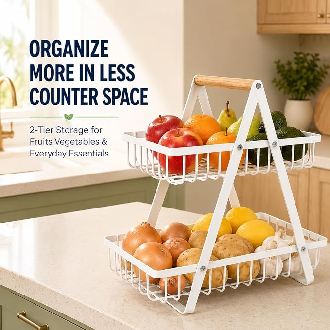 mahueeol 2-Tier Countertop Fruit Basket with Wooden Handle, Detachable | Detachable metal baskets with wooden handle for fruits, vegetables, bread and snacks in kitchens, pantries or dining rooms