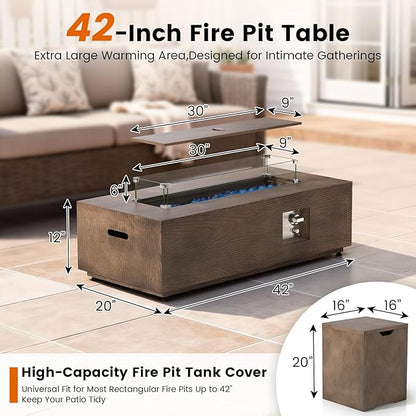 SUNPEAK 42" Rectangular Propane Fire Pit Table 50,000 BTU Fireplace Table with Wind Guard, Lid, Rocks and Cover - Fire Pits & Outdoor Fireplaces - Gas Fire Pits for Outside Patio (Teak Finish, 42")