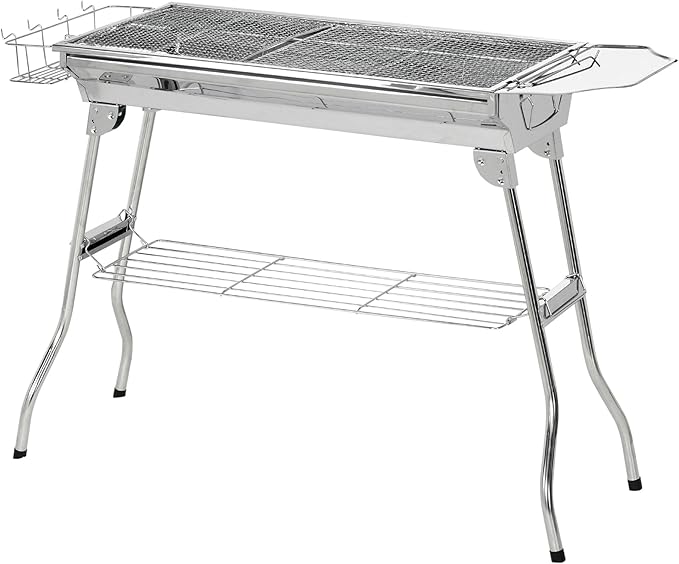 Stainless Steel Folding Charcoal BBQ Grill with Silver Finish, Easy Deployment, Compact Storage, Lightweight Construction, and Portable Usage Benefits