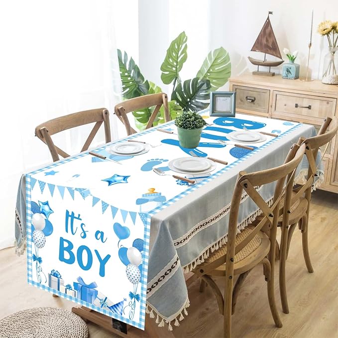 It’s A Boy Theme Table Runner, Blue Linen Fabric Table Runner for Everyday Use 72 x 13 Inches, Washable Table Cover for Baby Shower Indoor Outdoor Kitchen Dining Table Decorations