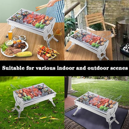 Portable Charcoal BBQ Grill - Foldable Stainless Steel Barbecue for 3-6 People, Perfect for Outdoor Gatherings, Compact Size 40x27x26.5cm, Easy Assembly, Silver Color Silver 40 * 27 * 26.5cm