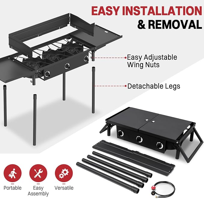 3 Burner Propane Camp Stove | 225,000 BTU | High Pressure Gas Burners | CSA Certified | Side Shelves | Windscreen | Waterproof Cover | Detachable Legs | Ideal for Camping Backyard Outdoor Cooking