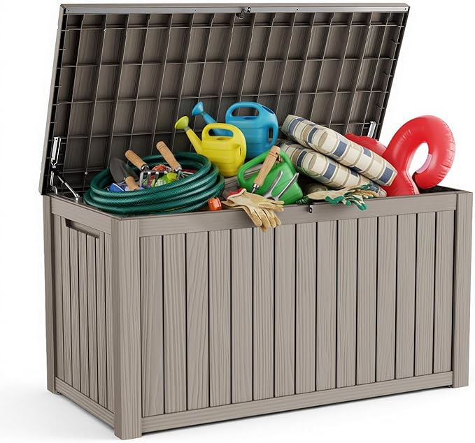 Pepe Tee Waterproof Resin Deck Box, Outdoor Storage Bin for Patio Furniture Cushions, All-Weather Garden Organizer & Seating Bench, Coffee