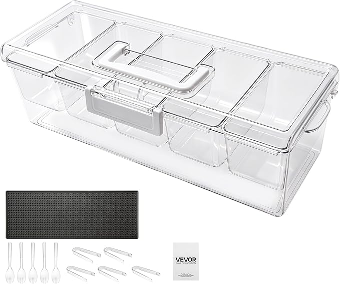VEVOR Chilled Condiment Server Caddy, 5 Compartment Ice Cooled Serving Container, Plastic Fruit Garnish Tray Platter with Lid, for Taco Salad Bar Accessories, Party Home Restaurant Supplies