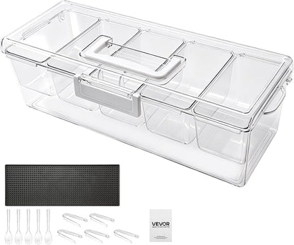 VEVOR Chilled Condiment Server Caddy, 5 Compartment Ice Cooled Serving Container, Plastic Fruit Garnish Tray Platter with Lid, for Taco Salad Bar Accessories, Party Home Restaurant Supplies