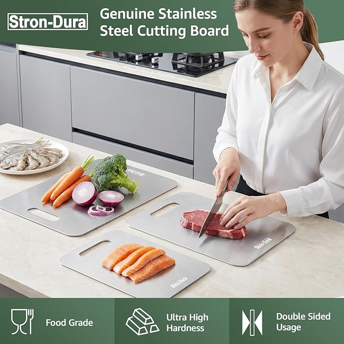 Cutting Board, Stainless Steel Cutting Board, Foodgrade Cutting Boards for Kitchen, Double Side Use, Odor free, Set of 3, 15",13",11",