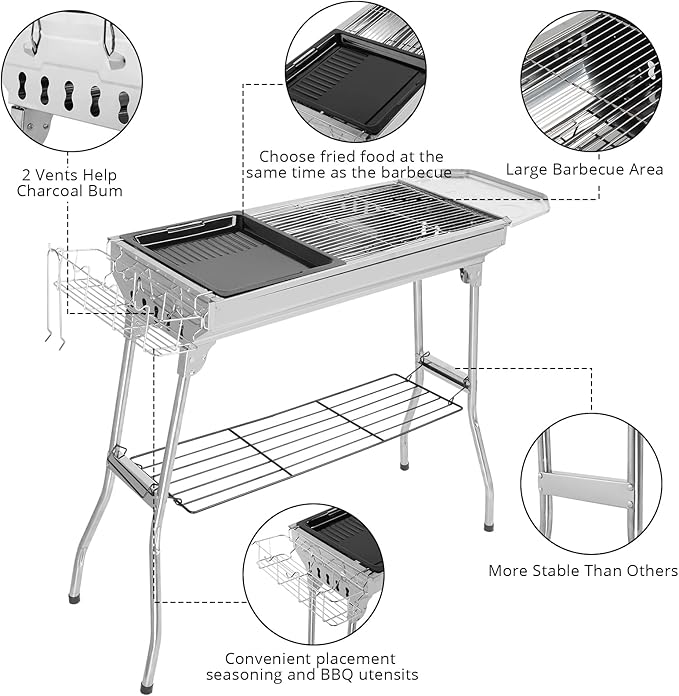 Outvita Portable Charcoal Grill, 39 x 12x 28" Foldable Barbecue Grill, Stainless Steel BBQ Grill and Smoker for Outdoor Cooking Camping Hiking Picnic Garden Beach Party(Large)