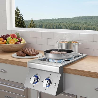 Built-In Dual Side Burner for Outdoor Kitchen, 2x17000 BTU Propane Cooktop, Natural Gas Convertible, 304 Stainless Steel Grill Island Stove, LED Knobs, Removable Lid, Drip Tray, Ignition