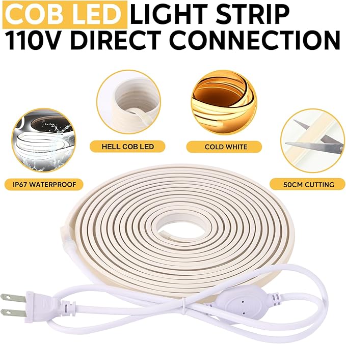 Flexible COB LED Strip Lights, Waterproof LED Light Strip, 5m Bendable Warm White Strip for Mirror, Desk, and Furniture Lighting (Warm White, 16.4ft)