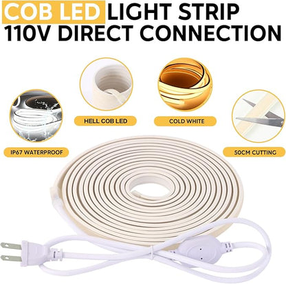 110V COB LED Strip Outdoor LED Strip Lights Waterproof IP67 3000K Warm White, 2 Meters Flexible Strip Lighting for Mirror Living Room Bedroom and Study (Warm White, 6.56ft)