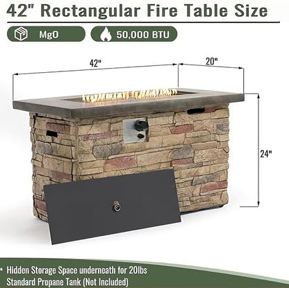 42" Propane Gas Fire Pit Table, 50,000 BTU Outdoor Patio Fire Pit, Concrete Fire Pit with Realistic Stone Base, Stainless Steel Burner, Glass Rocks & Tank Storage for Deck Backyard Garden