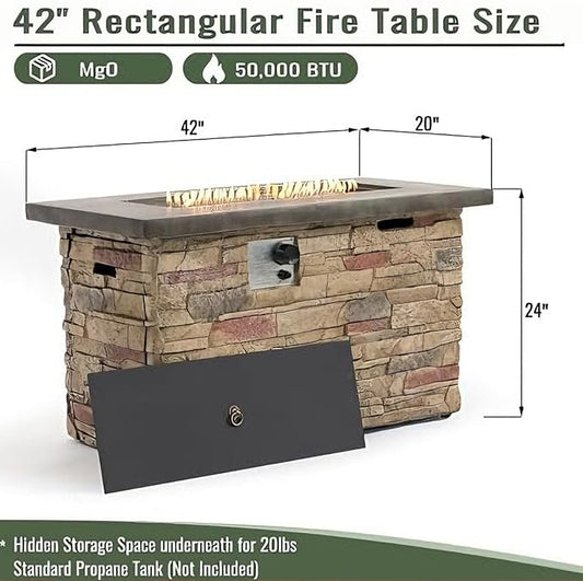 42" Propane Gas Fire Pit Table, 50,000 BTU Outdoor Patio Fire Pit, Concrete Fire Pit with Realistic Stone Base, Stainless Steel Burner, Glass Rocks & Tank Storage for Deck Backyard Garden
