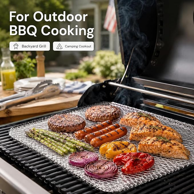 10 Pack Disposable Grill Toppers, Aluminum BBQ Mesh Mats for Outdoor Cooking, 15.3 x 12 Inch Grilling Liners to Help Reduce Food Drops Through Grates, for Vegetables, Fish, Meat and Camping