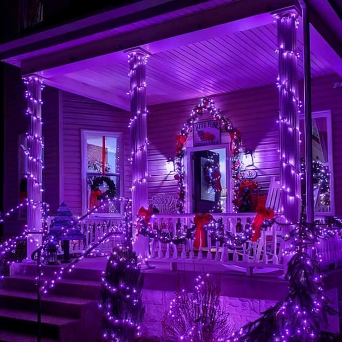 YEGUO 4 Pack Purple Solar Fairy Lights, Each 33ft 100 LED Christmas Lights Outdoor Waterproof, 8 Modes Sliver Wire Solar String Lights
