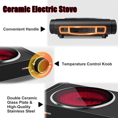 CUSIMAX Hot Plate for Cooking,1800w Double Infrared,Portable Electric Stove,Adjustable Temperature Control,Glass Plate Double Cooktop for Dorm Office Home Camp,Stainless Steel