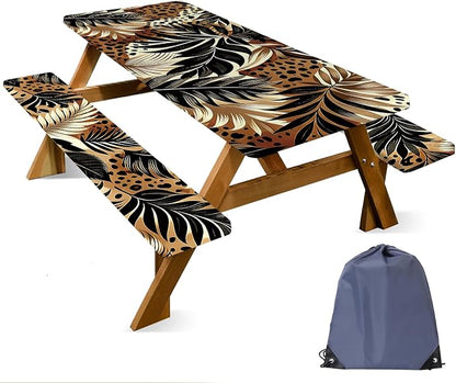 FOREVER QUEEN Picnic Table Cover with Bench Covers 72in,Waterproof Windproof Fitted Tablecloth,Leopard Print with Tropical Leaves Camping Essentials with Drawstring Bag for Patio,Park & Backyard