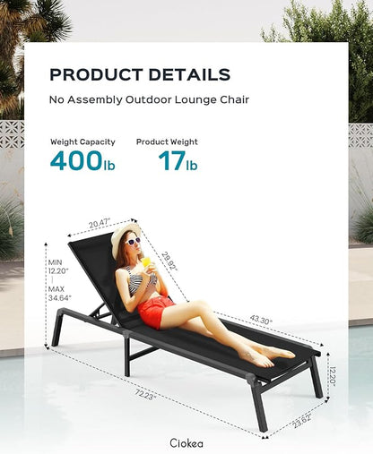 Ciokea Aluminum Chaise Lounge Ourdoor, Foldable & Assemble Free Outdoor Lounge Chair with 5 Adjustable Backrest, Patio Lounge Chair for Outside Poolside Beach Pool, Black