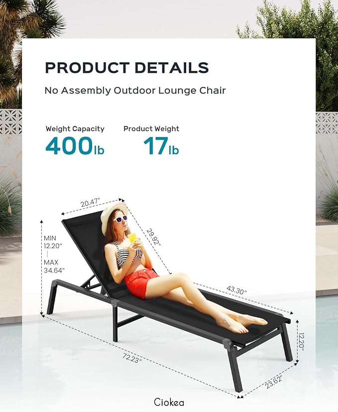 Ciokea Aluminum Foldable Lounge Chairs Set of 2 with 1 Outdoor Aluminum Side Table ，Perfect Match ，Suitable for Courtyard, Balcony, Lawn and Other Scenes，Black