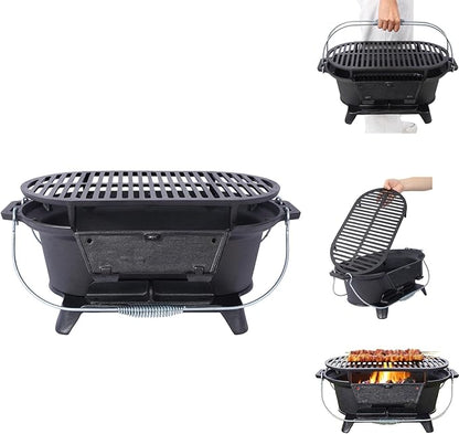 Cast Iron Hibachi Grill, Portable Charcoal Hibachi Grills with Double-Sided Grill Grate, 100% Cast Iron, Compact Camping Charcoal Cooker for Tailgating, Picnics & Hunting (Oval)