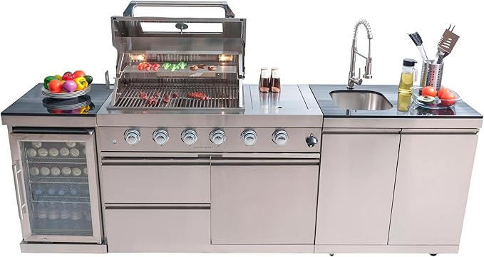 Modular Outdoor Kitchen BBQ Island, 104" Outdoor Kitchen Propane Gas Island Grill with Sink, Compact Refrigerator, Storage Cabinets, Rotisserie Kit (Silver, 104")