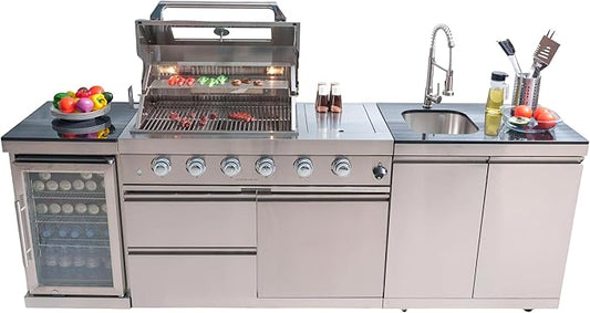 Modular Outdoor Kitchen BBQ Island, 104" Outdoor Kitchen Propane Gas Island Grill with Sink, Compact Refrigerator, Storage Cabinets, Rotisserie Kit (Silver, 104")