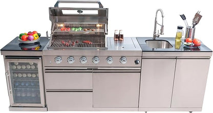 98" Outdoor Kitchen Island with Grill, Sink & Beverage Fridge, 72,000 BTU BBQ Grill Station for Backyard Entertaining, 304 Stainless Steel Patio Cooking Island with Rotisserie & Storage,Silver