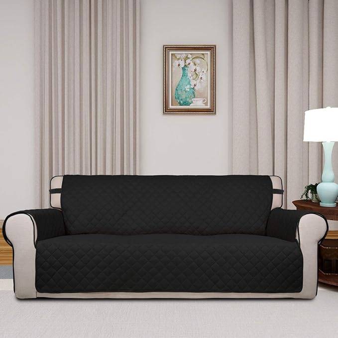PureFit Reversible Quilted Sofa Cover Dog Couch Covers for Sofa, 66 in | Black/Beige, Water Resistant Couch Protector, Washable Pet Couch Cover with Non Slip and Elastic Straps For Kids