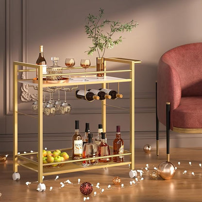Joaxswe Bar Cart w/Wheels,Home Bar Serving Cart w/Storage Shelves,Gold | 2 Tier Rolling Beverage Cart,Modern Wine Cart w/ Wine Rack and Glass Holder for Kitchen, Living Room,Dinning Room