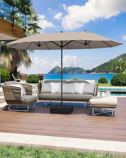 GDPFN 15FT Large Patio Umbrella with Base Included, Outdoor Deck Standing Umbrella with Crank Handle, Double-Side Rectangular Pool Umbrella for Outside, Market, Patio, Beige
