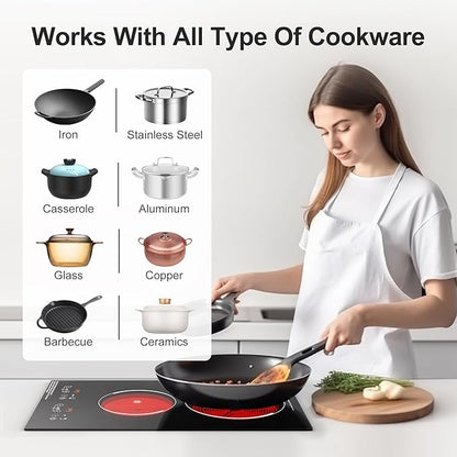 Electric Cooktop, Built-in and Countertop 2 burner Electric Burner for Cooking, 2400W 110V stove top,11 Power Settings, Timer and Child Safety Lock, LED touch control,Overheat Protection.