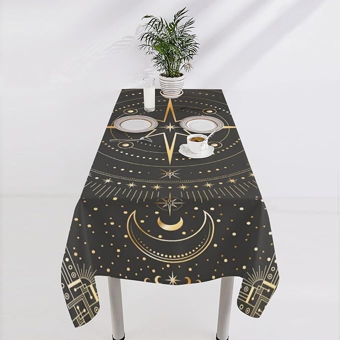 Vintage Tarot Moon Tablecloth Boho Mystical Crescent Moon Phases Star Galaxy Space Table Cloth Water Resistant Wipeable Table Cover for Picnic Party Holiday Kitchen Dinner Table 55"x55"