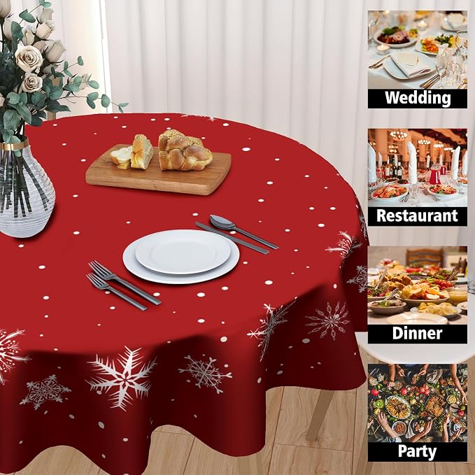 Sweetshow Xmas Snowflake Table Cloth Round 70 Inch Polyester Table Cover | Red Xmas Table Cloth Round Winter Snowflake Tablecloth Washable Stain and Wrinkle Xmas Round Table Cover for Dining Picnic