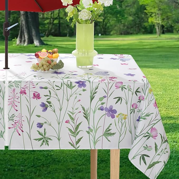 Spring Summer Outdoor Tablecloth with Umbrella Hole Rectangle 52 x 70 Inch Wild Flowers Plants Floral Zippered Table Cloth, Spill Proof Fabric Table Cover for Dining, Party, Picnic, Camping, Patio