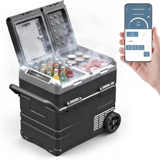 YELLOW JACKET 12 Volt Car Refrigerator 58 Quart, Portable Freezer Dual Zone, -4℉-68℉ Electric Cooler for Camping Road Travel,12/24V DC & 110~240 V AC for Truck RV Home Office