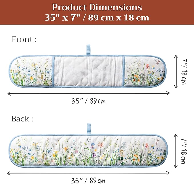 Maison d' Hermine Double Oven Mitts 100% Cotton 7"x35" Double Oven Mitt Heat Resistant BBQ Cooking Gloves with Loop Baking Grilling Kitchen Hotel Home Farmhouse Spring Summer (Fleurs De Mai)
