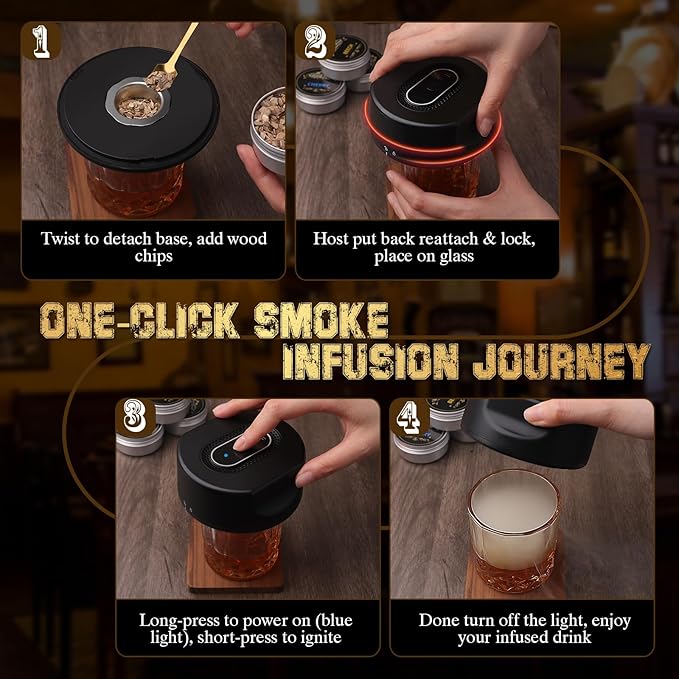Electric Whiskey Smoker Kit – No Butane Needed with Built-in Ignition, Rechargeable Cocktail Smoker for Drinks, 6 Wood Chips, Gift for Men, Dad, Husband, Old Fashioned Bourbon Lovers