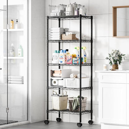 DUMOS 5-Tier Metal Storage Shelves, Wire Shelving, 23.2" W | Lockable Wheels, Adjustable Standing, Heavy Duty Steel Unit, Kitchen Bathroom Pantry Garage Organizers, 59.1"H