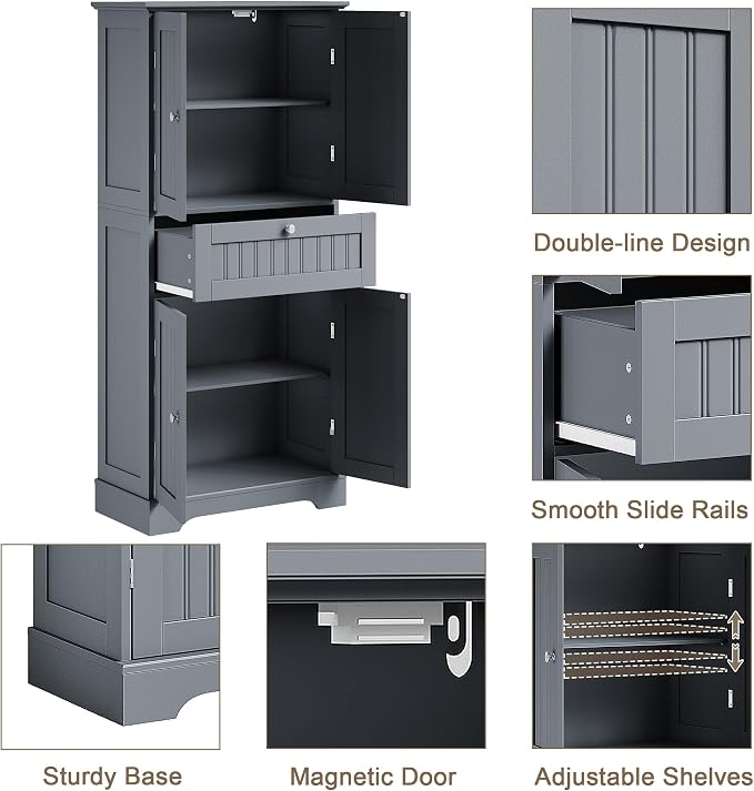 ChooChoo 51" H Bathroom Floor Cabinet with Drawers and Adjustable Shelves | Bathroom Storage Cabinet, Freestanding Kitchen Pantry Cupboard with 4 Doors for Living Room, Grey