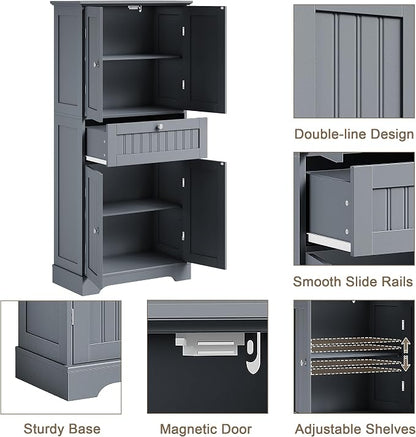 ChooChoo 51" H Bathroom Floor Cabinet with Drawers and Adjustable Shelves | Bathroom Storage Cabinet, Freestanding Kitchen Pantry Cupboard with 4 Doors for Living Room, Grey
