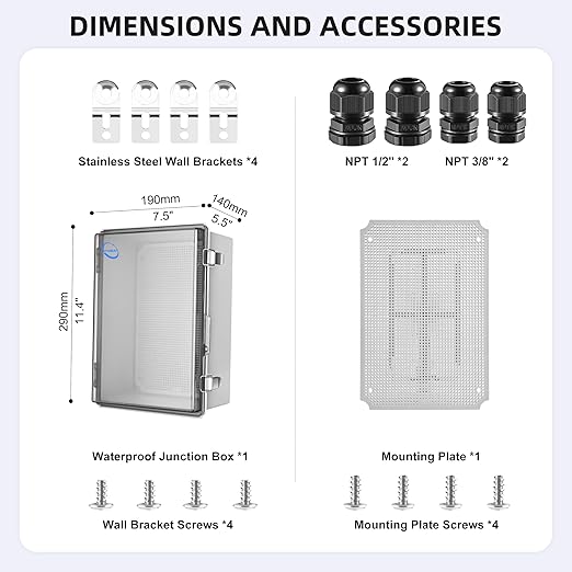 RTHIEAI Waterproof Outdoor IP67 Junction Box (11.4"x7.5"x5.5") with Mounting Plate, Hinged Clear Cover and Wall Brackets - Weatherproof ABS Plastic Electrical Enclosure for DIY Projects(290x190x140mm)