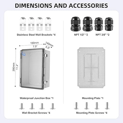 RTHIEAI Waterproof Outdoor IP67 Junction Box (11.4"x7.5"x5.5") with Mounting Plate, Hinged Clear Cover and Wall Brackets - Weatherproof ABS Plastic Electrical Enclosure for DIY Projects(290x190x140mm)
