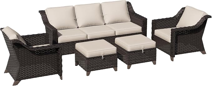 5 Piece Patio Furniture Set, Wicker Outdoor Conversation Set | Patio Chair Set with Olefin Removable Cushion, All-Weather Outdoor Couch with Deep Seat for Porch, Deck and Backyard, Beige
