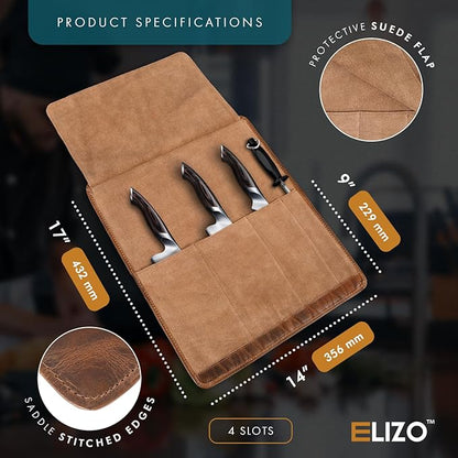 ELIZO Leather Knife Roll Bag Professional Chef Knife Case, Durable Knife Sheath Holder, Cooks & Culinary Tools Carrying Storage, Portable Knife Wrap - 4 Slots